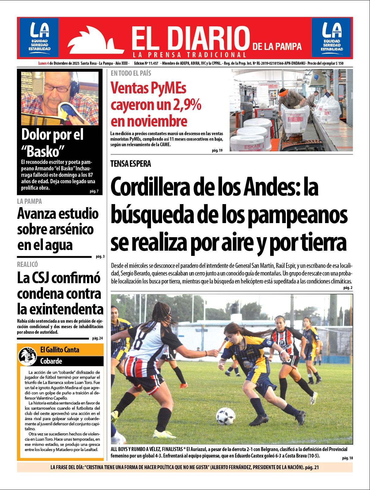 Tapa de El Diario en papel  lunes 04 de diciembre de 2023